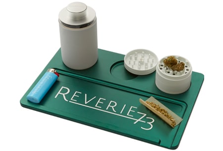 Reverie 73 branded accessories, tray, grinder and stash jar